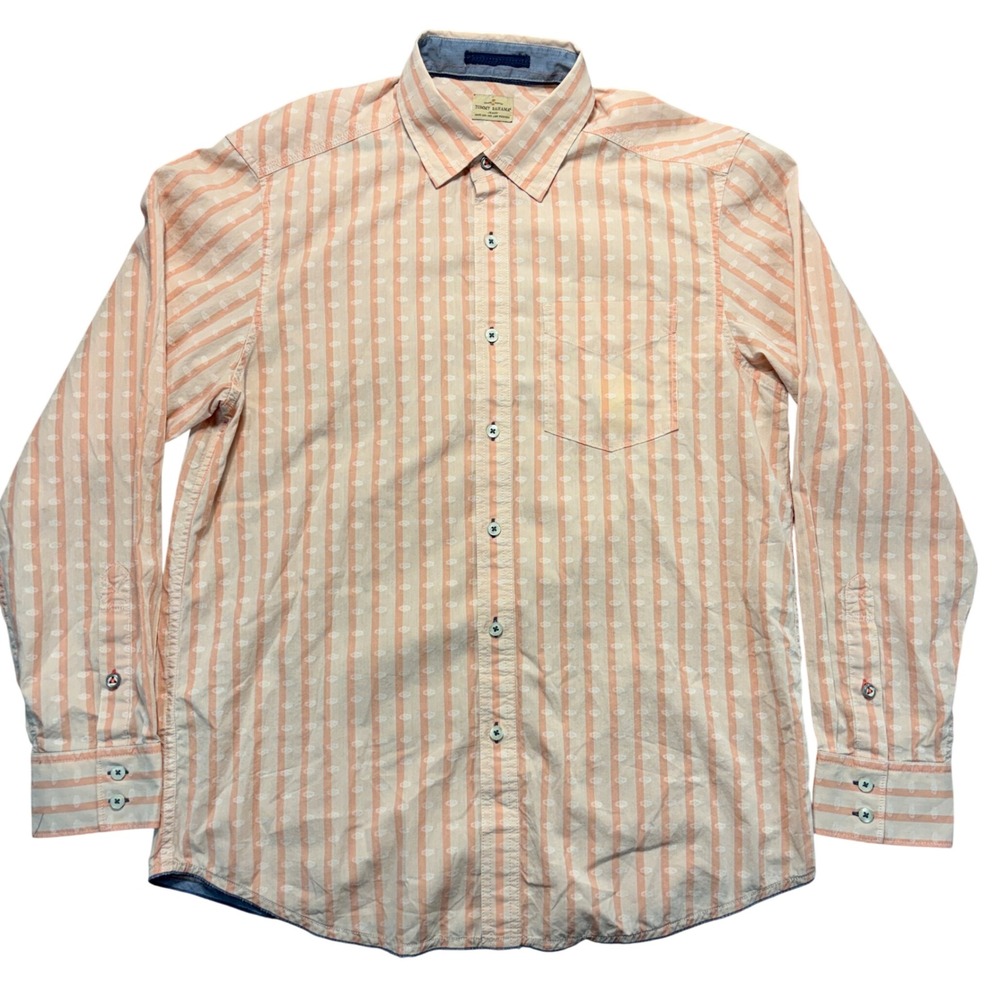 Tommy Bahama Jeans Mens Medium Peach White Striped Embroidered Button Down Shirt